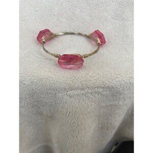 Handmade Pink Faceted Stone Wire Wrapped Bangle Bracelet Gold Tone 8.25 Inch